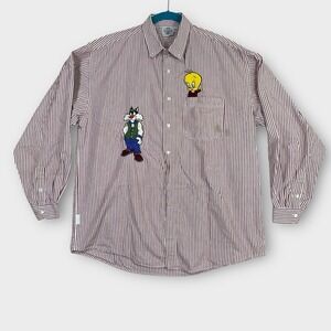 ACME CLOTHING Red Striped Button Down‎ TWEETY BIRD & SYLVESTER  L/XL Vtg *flaws*